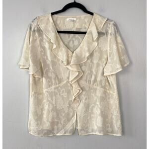 Pleione Cream Empire‎ Waist Blouse V-Neck Ruffle Front Textured Floral Size L